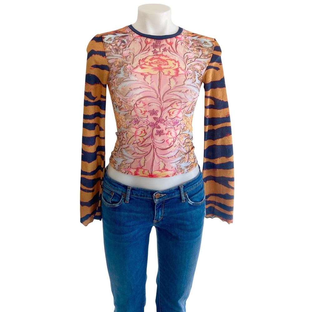 Urban Outfitters Floral Tiger Print Mesh Top Long Sleeve XS OB1902137 Mixed